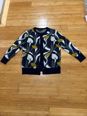 Ann Taylor Black, White & Olive Floral Cardigan
